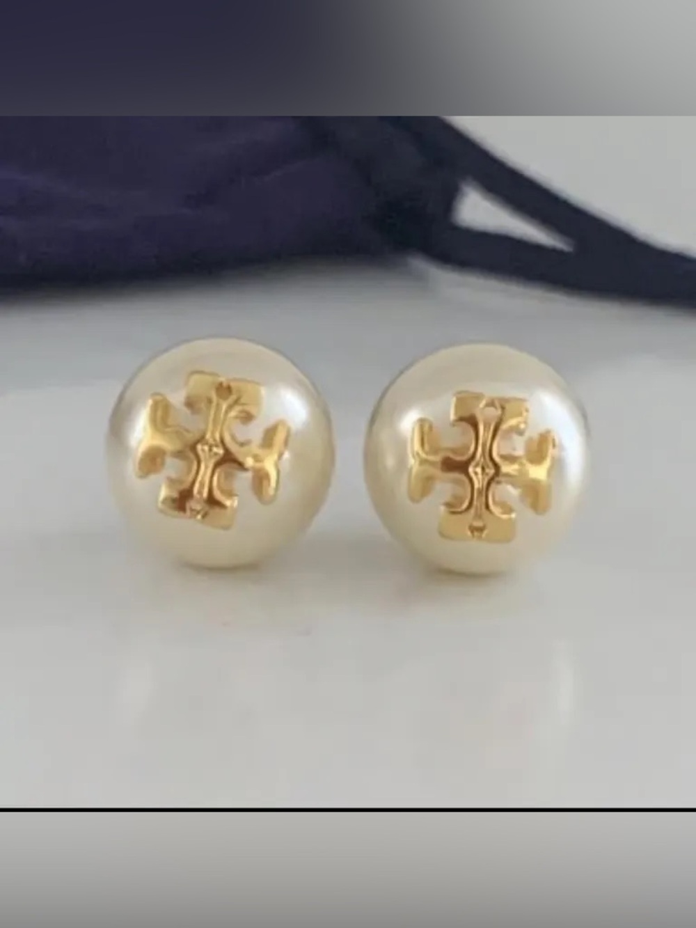 Tory Burch Pearl Stud Earrings with Gold Logo